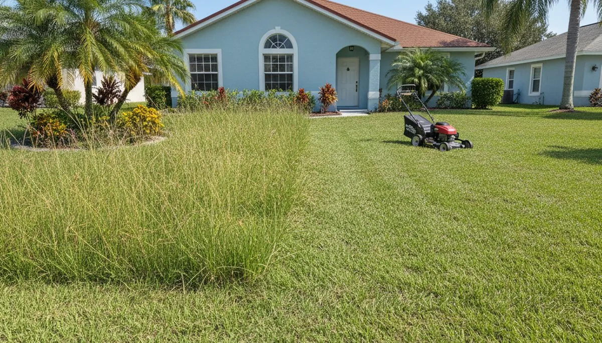Before and after lawn mowing showing overgrown and freshly cut grass by Chop Chop Landscaping Cape Coral FL
