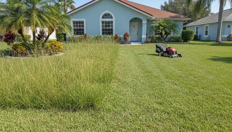 Before and after lawn mowing showing overgrown and freshly cut grass by Chop Chop Landscaping Cape Coral FL