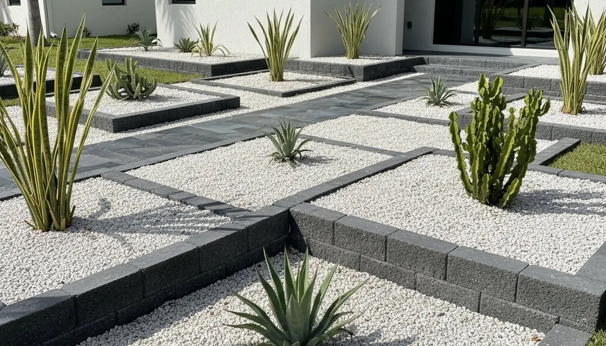 Modern pea gravel landscape with geometric lines in Cape Coral FL by Chop Chop Landscaping