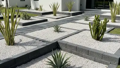 Modern pea gravel landscape with geometric lines in Cape Coral FL by Chop Chop Landscaping