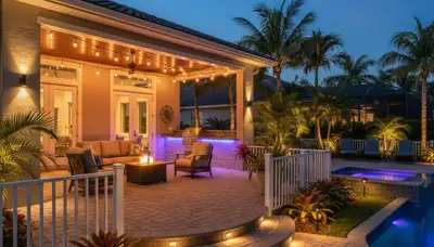 Professional landscape lighting on patio and deck in Cape Coral, FL enhancing outdoor living spaces