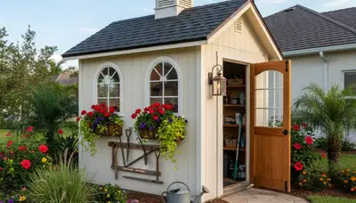 Decorative garden shed with lush landscaping in Cape Coral FL by Chop Chop Landscaping