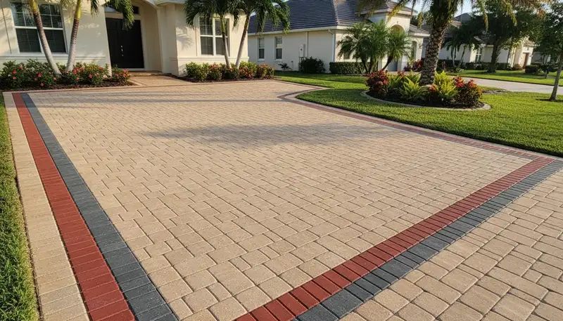 Decorative driveway paver border and edging with soldier course design in Cape Coral, FL landscaping.