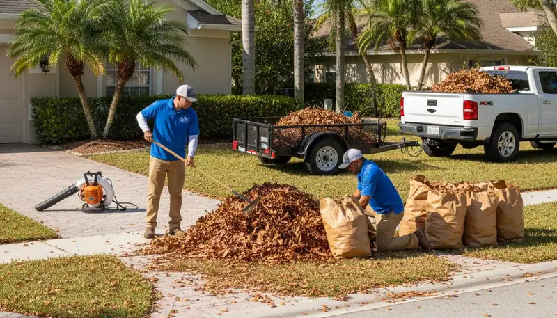 Technicians raking and bagging leaves during residential yard clean up in Cape Coral, FL