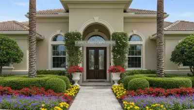 Front yard landscape design with colorful plants and shrubs in Cape Coral, FL by Chop Chop Landscaping