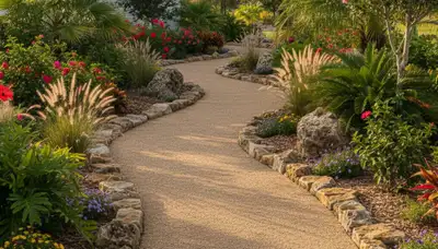 Pea gravel garden path with stone edging and lush plants in Cape Coral FL landscaping installation