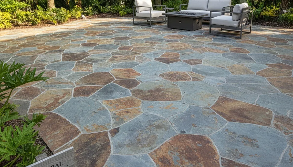 Flagstone patio with natural stone pavers expertly installed by landscapers in Cape Coral, FL