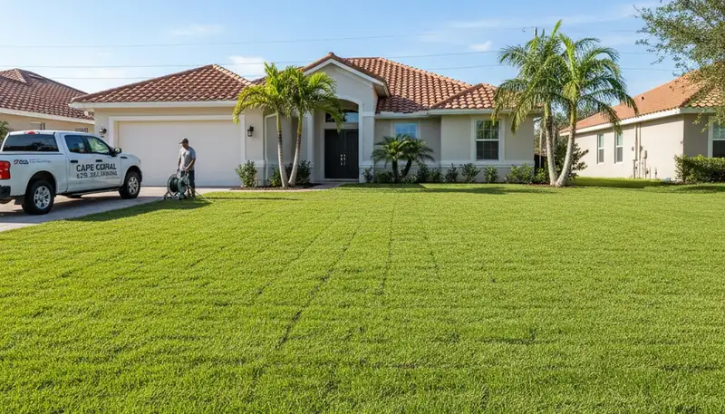 Fresh sod lawn installation showing lush green turf transformation in Cape Coral, FL landscaping project