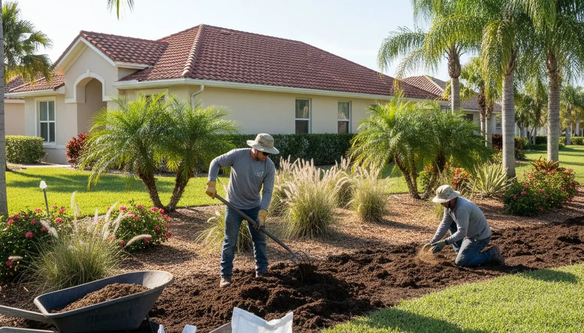 Applying organic compost to garden beds for sustainable landscaping in Cape Coral, FL