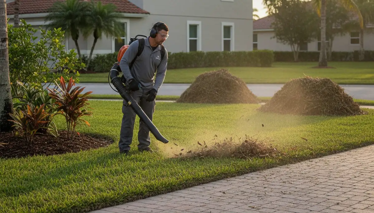 Landscaper using leaf blower for debris cleanup on residential lawn in Cape Coral, FL