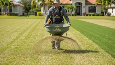 Lawn care technician applying fertilizer with spreader on residential turf in Cape Coral, FL
