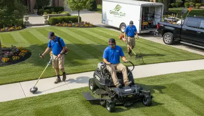 Professional lawn care crew mowing and edging residential yard in Cape Coral, FL