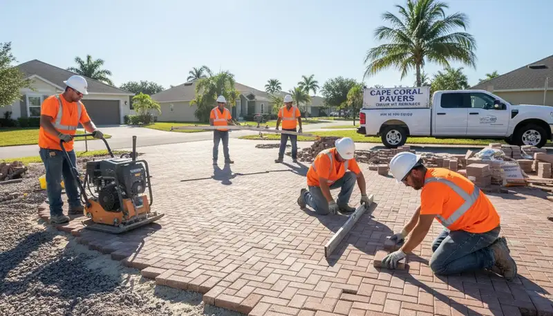 Professional workers installing driveway pavers in Cape Coral, FL for Chop Chop Landscaping