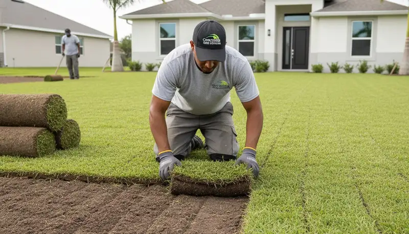 Professional sod installation technician laying fresh turf on Cape Coral, FL lawn