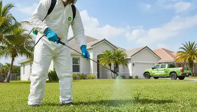 Lawn care professional applying weed control treatment at a residential property in Cape Coral, FL
