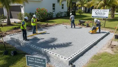 Professional shed foundation base preparation with gravel pad in Cape Coral, FL landscaping project