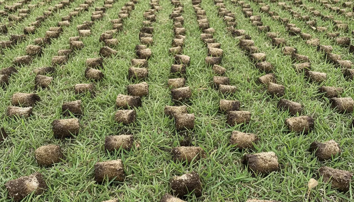 Close-up of soil core plugs after professional lawn aeration in Cape Coral, FL landscaping service