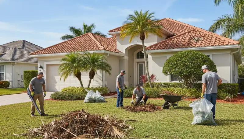 Technicians performing spring yard cleanup and pruning at a Cape Coral, FL residential landscape
