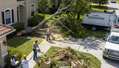 Landscapers cleaning storm debris and fallen branches at a Cape Coral FL home yard restoration site