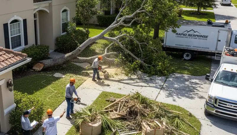 Landscapers cleaning storm debris and fallen branches at a Cape Coral FL home yard restoration site