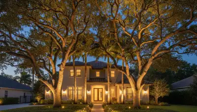 Mature trees uplighted with professional landscape lighting at night in Cape Coral, FL yard