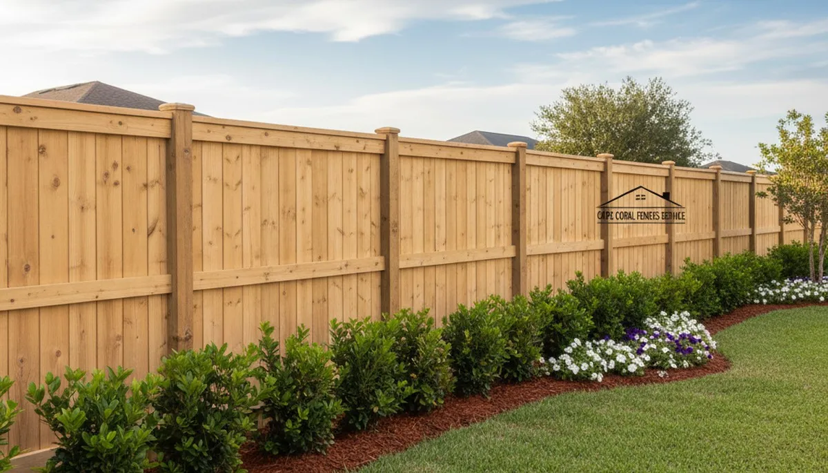 White vinyl privacy fence installation along residential yard by Chop Chop Landscaping in Cape Coral, FL